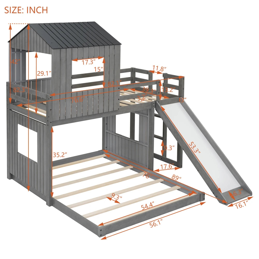 Wooden Bunk Bed With Playhouse Ladder Slide And Guardrails