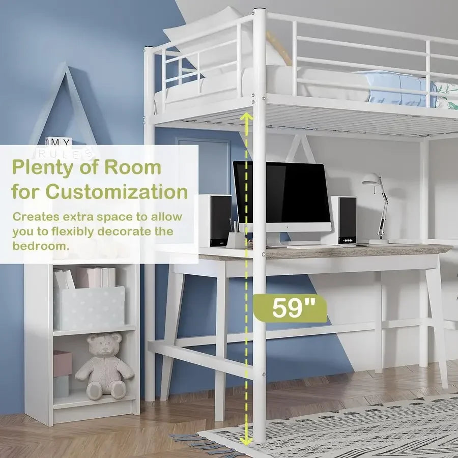 XMSJ Metal Loft Bed, Heavy Duty Guardrail With Removable Ladder