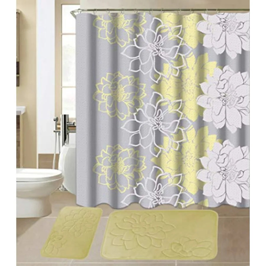15-Piece Bathroom Set With Memory Foam Mats And Shower Curtain