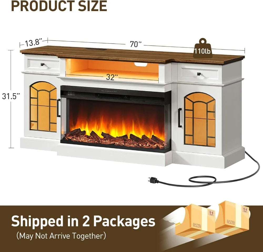 Farmhouse Fireplace TV Stand With Charging Station And Glass Panels
