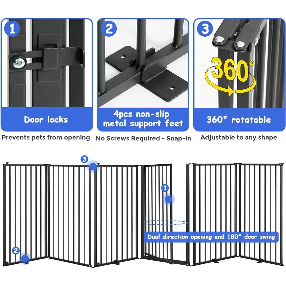 Six-Panel Metal Freestanding Dog Gate With Door And Detachable Panels
