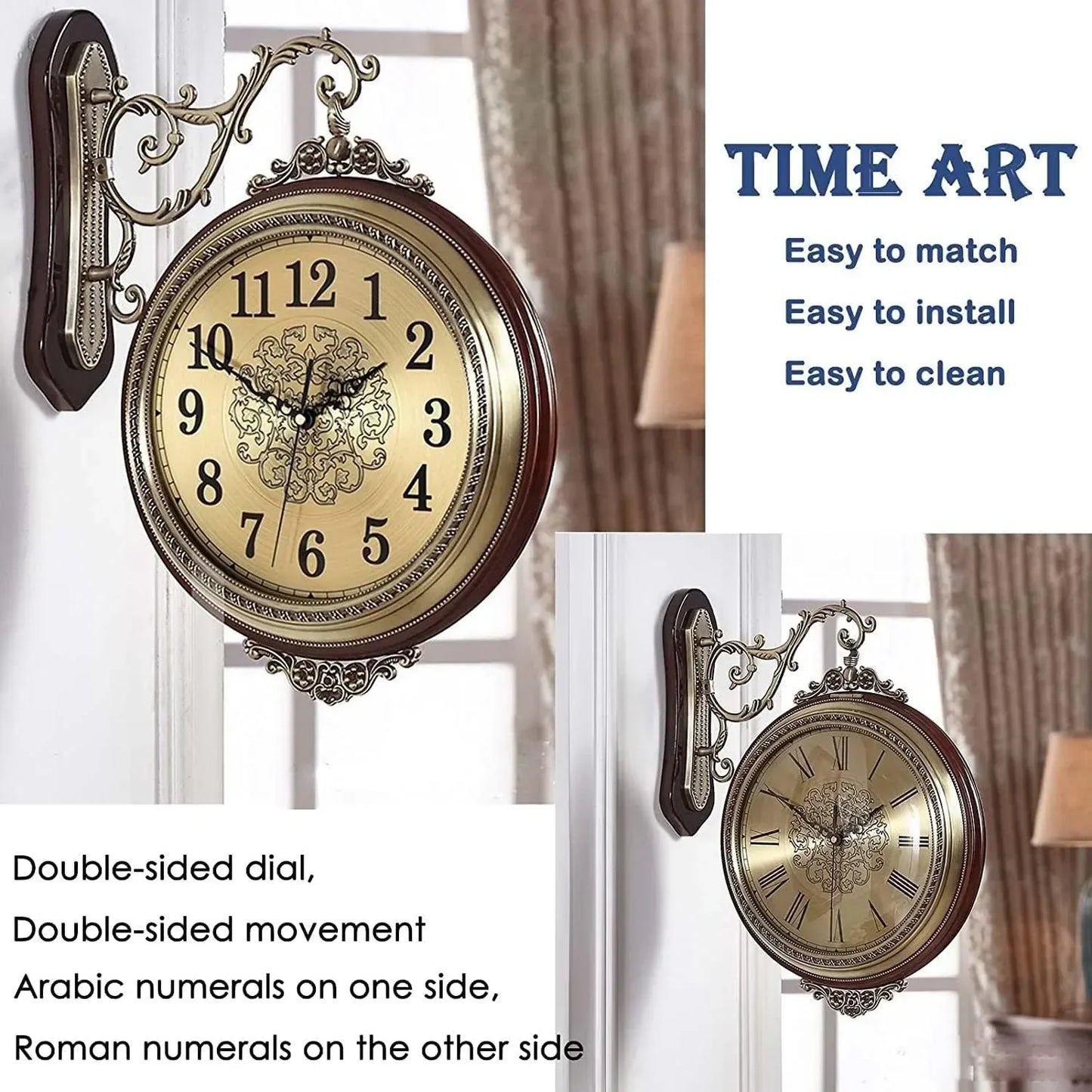 Double Sided European Alloy Wall Clock Non Ticking Silent