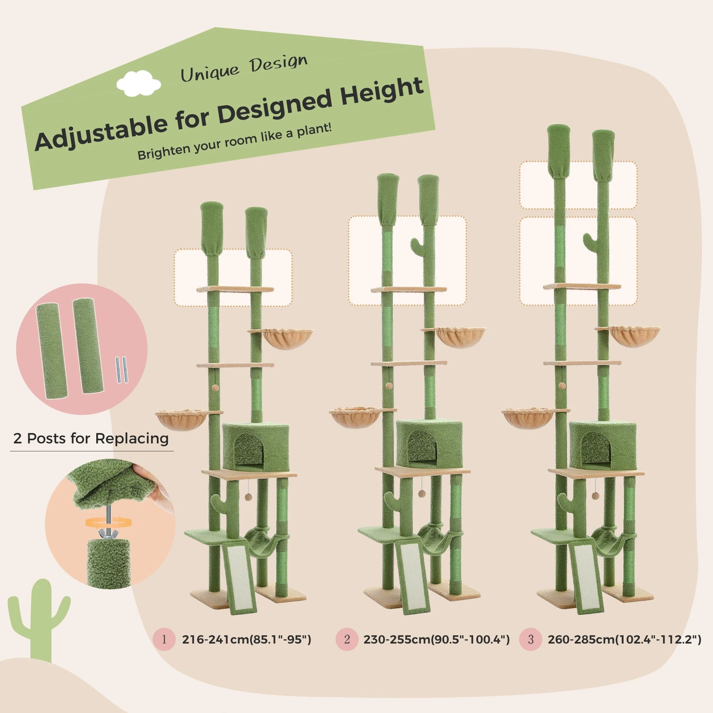 PAWZ Road Cactus Cat Tree Floor To Ceiling Cat Tower With Hammocks