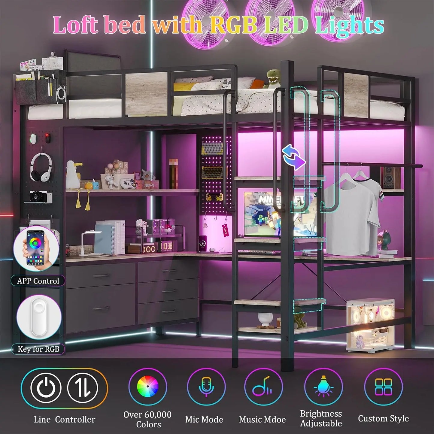 Loft Bed With Desk And Storage Shelves LED Charging Station