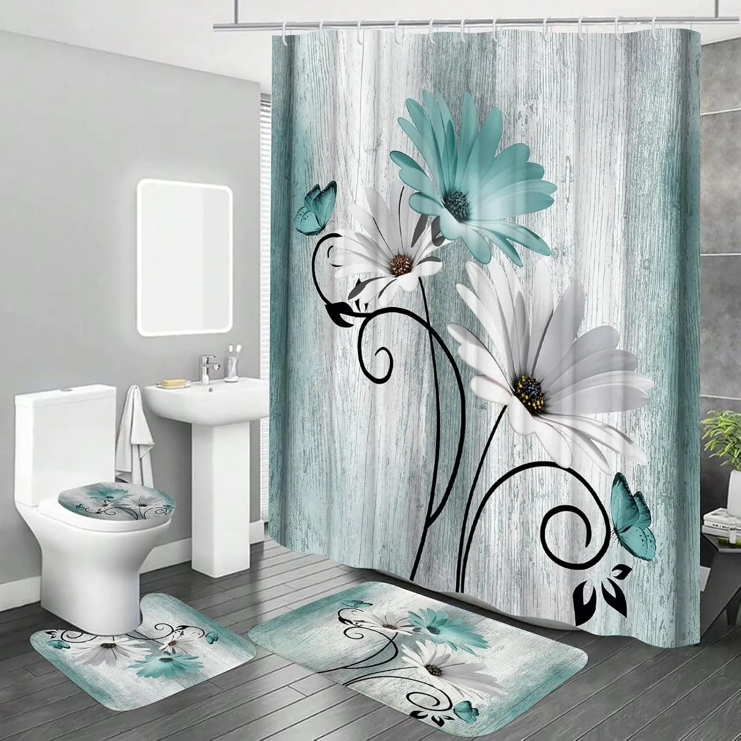 Daisy Farmhouse Shower Curtain Set With Mat And Hooks