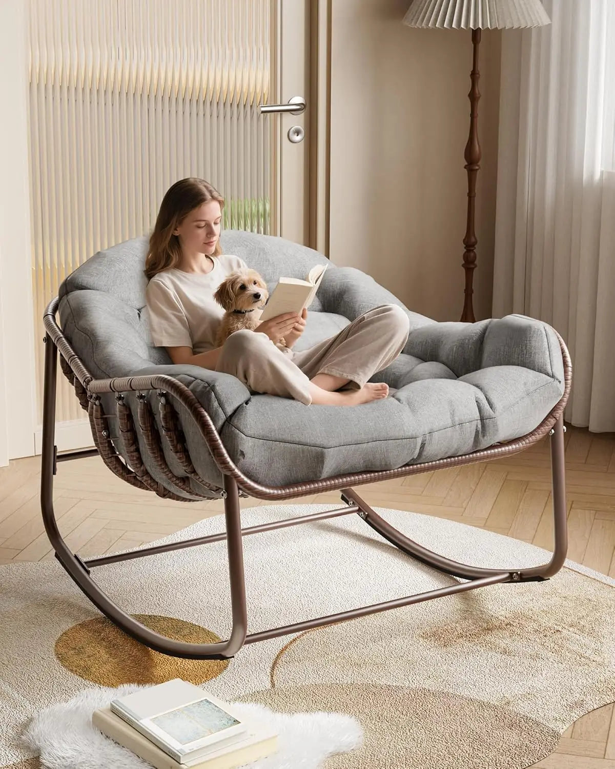 HiMISS Rattan Rocking Chair With Thick Cushion Outdoor Furniture