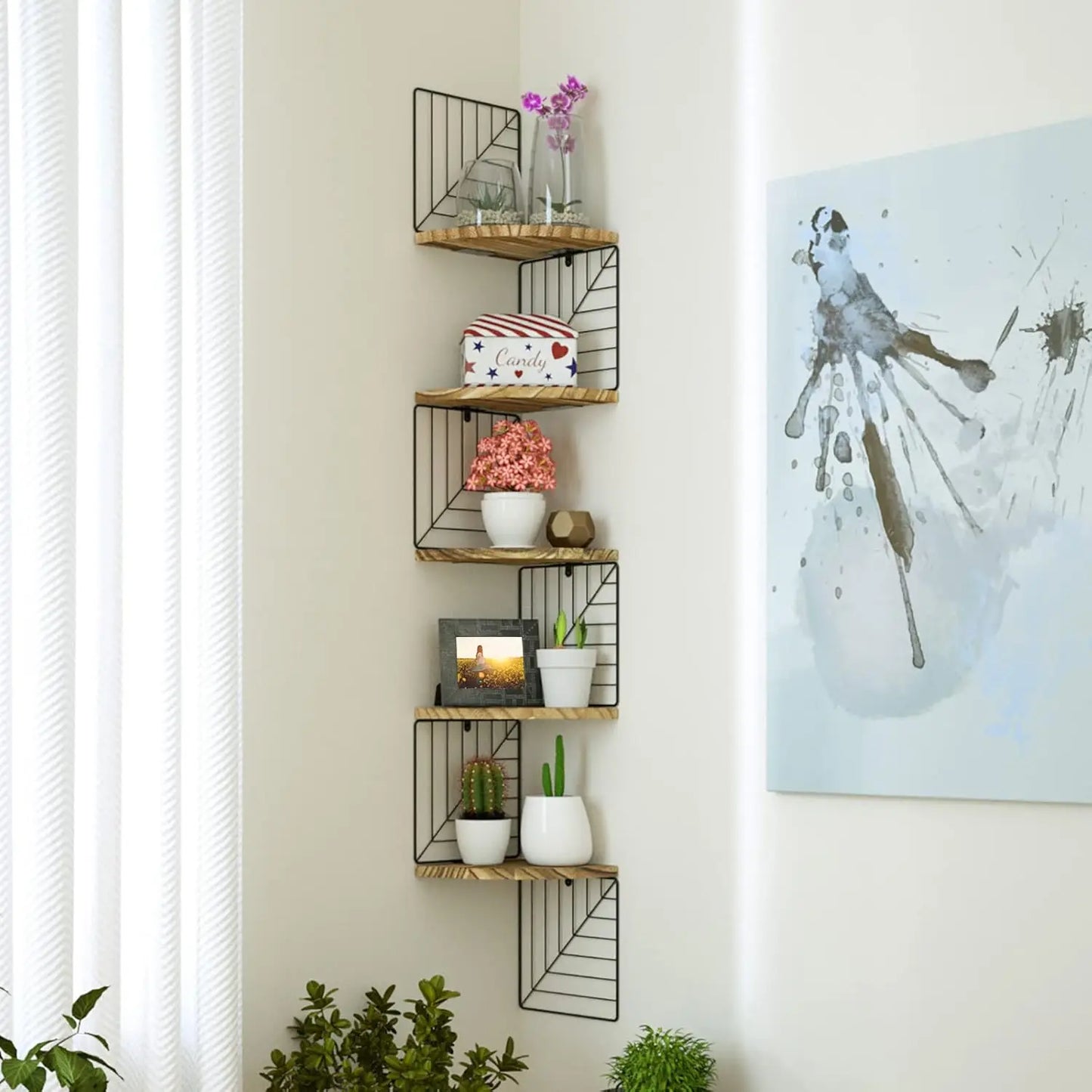 5-Tier Rustic Wood Corner Floating Shelves Wall Mount