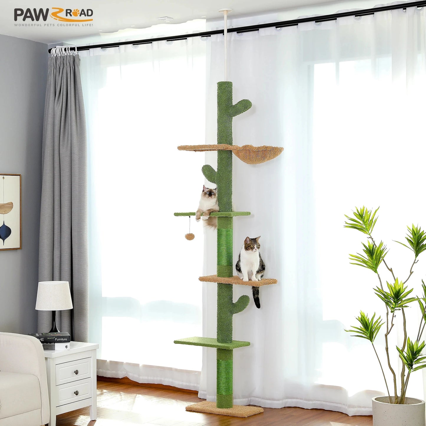PAWZ Road 5-Tier Floor-To-Ceiling Cat Tree Cactus Climbing Tower Hammock