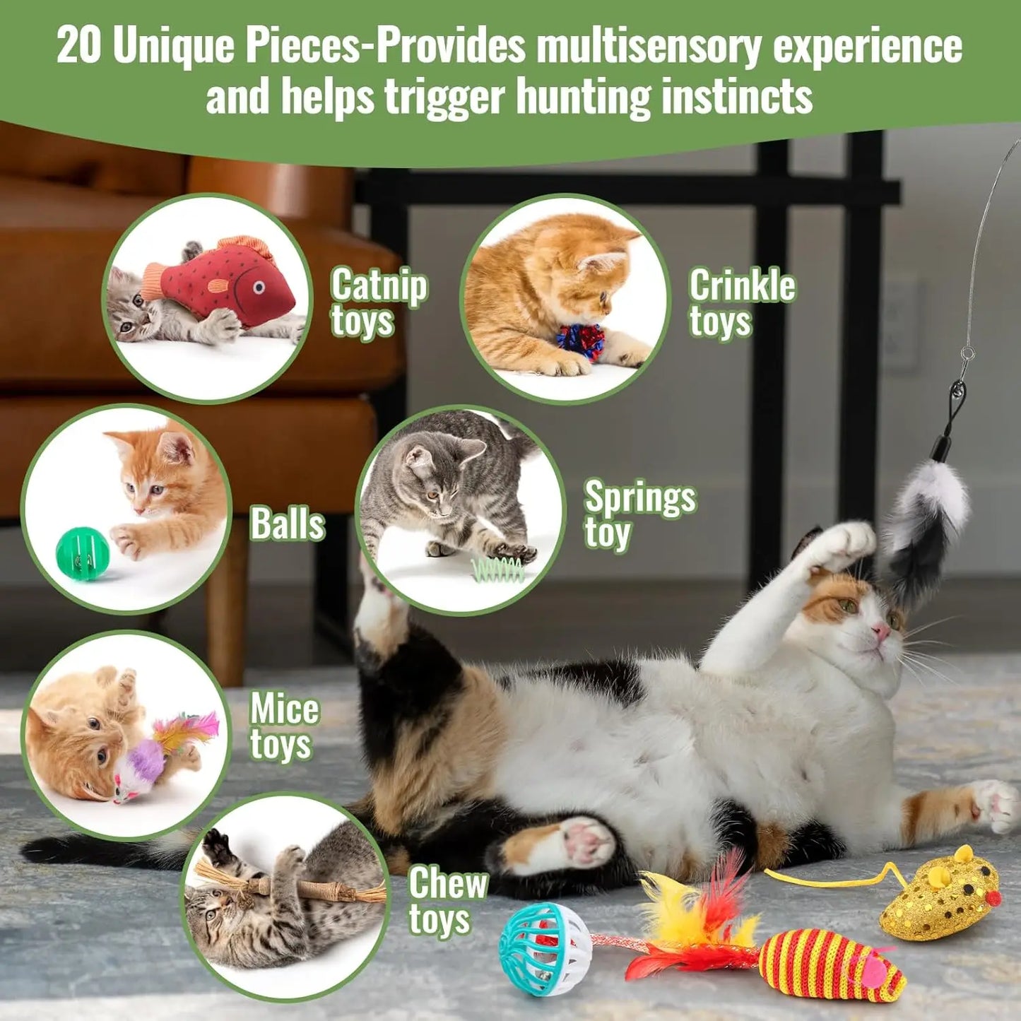 Cat Toys Variety Pack 20 Pieces Feather Wand Balls Catnip