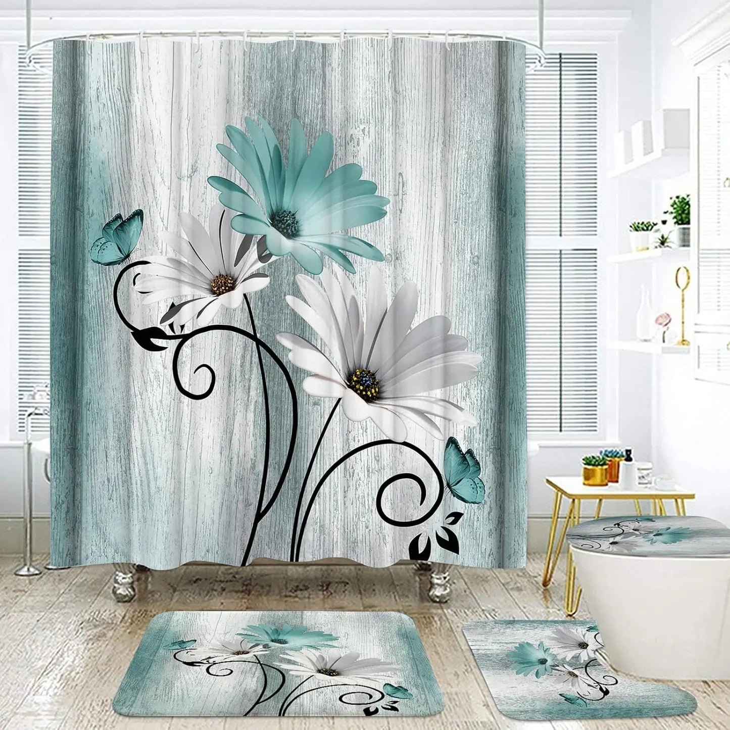 Daisy Farmhouse Shower Curtain Set With Mat And Hooks