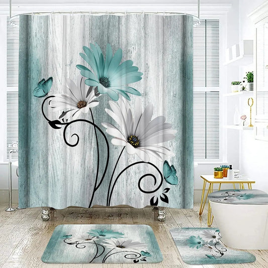 Daisy Farmhouse Shower Curtain Set With Mat And Hooks