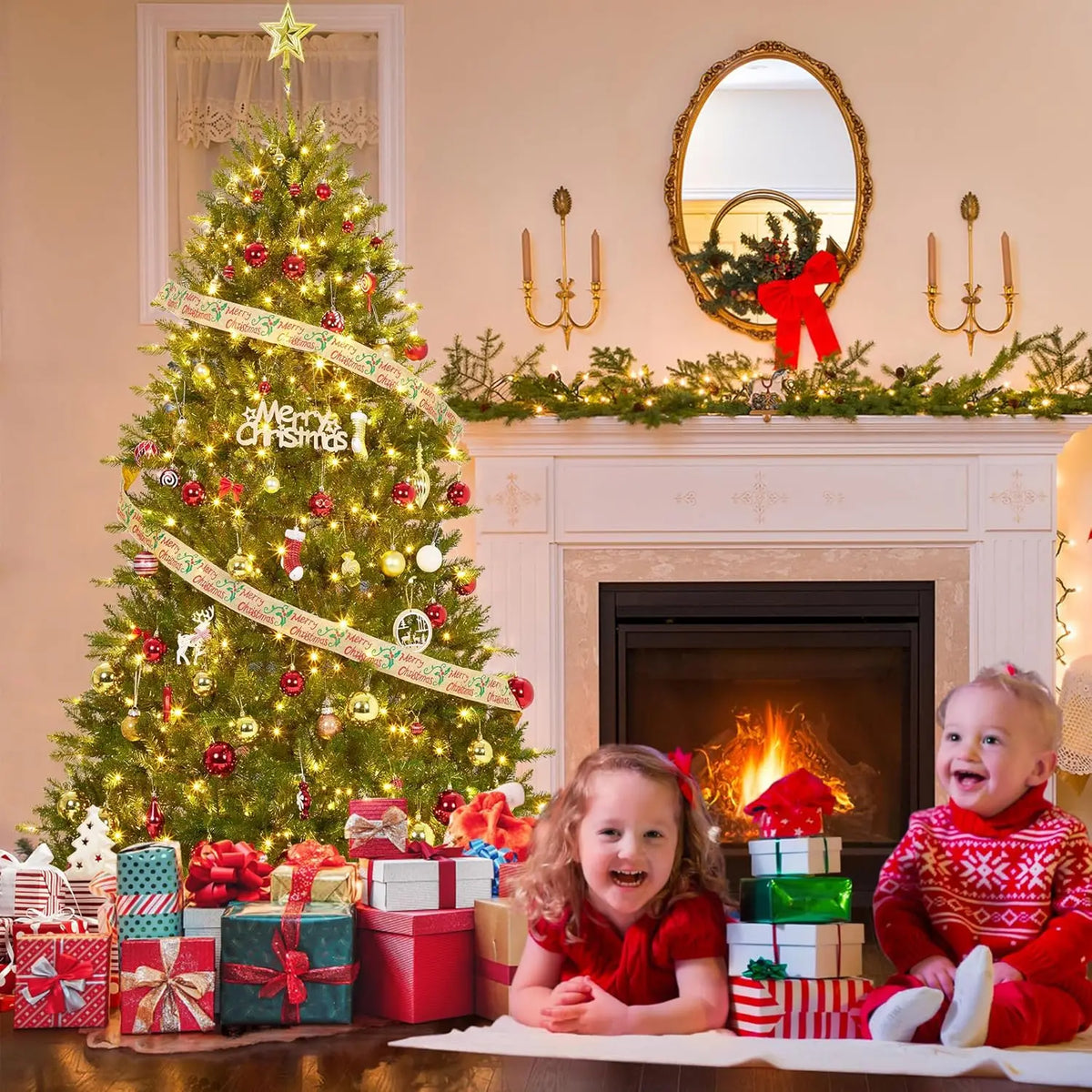 HiMISS Prelit Artificial Christmas Tree With Lights And Foldable Stand