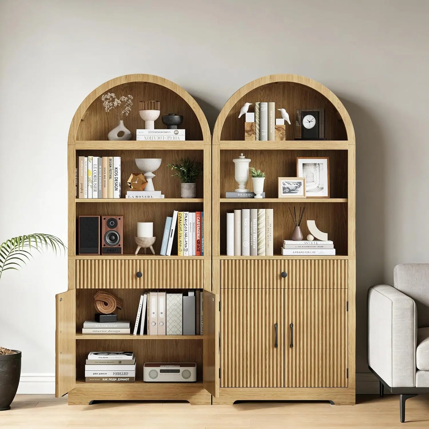 Farmhouse Arched Bookshelf 5-Tier Cabinet With Door