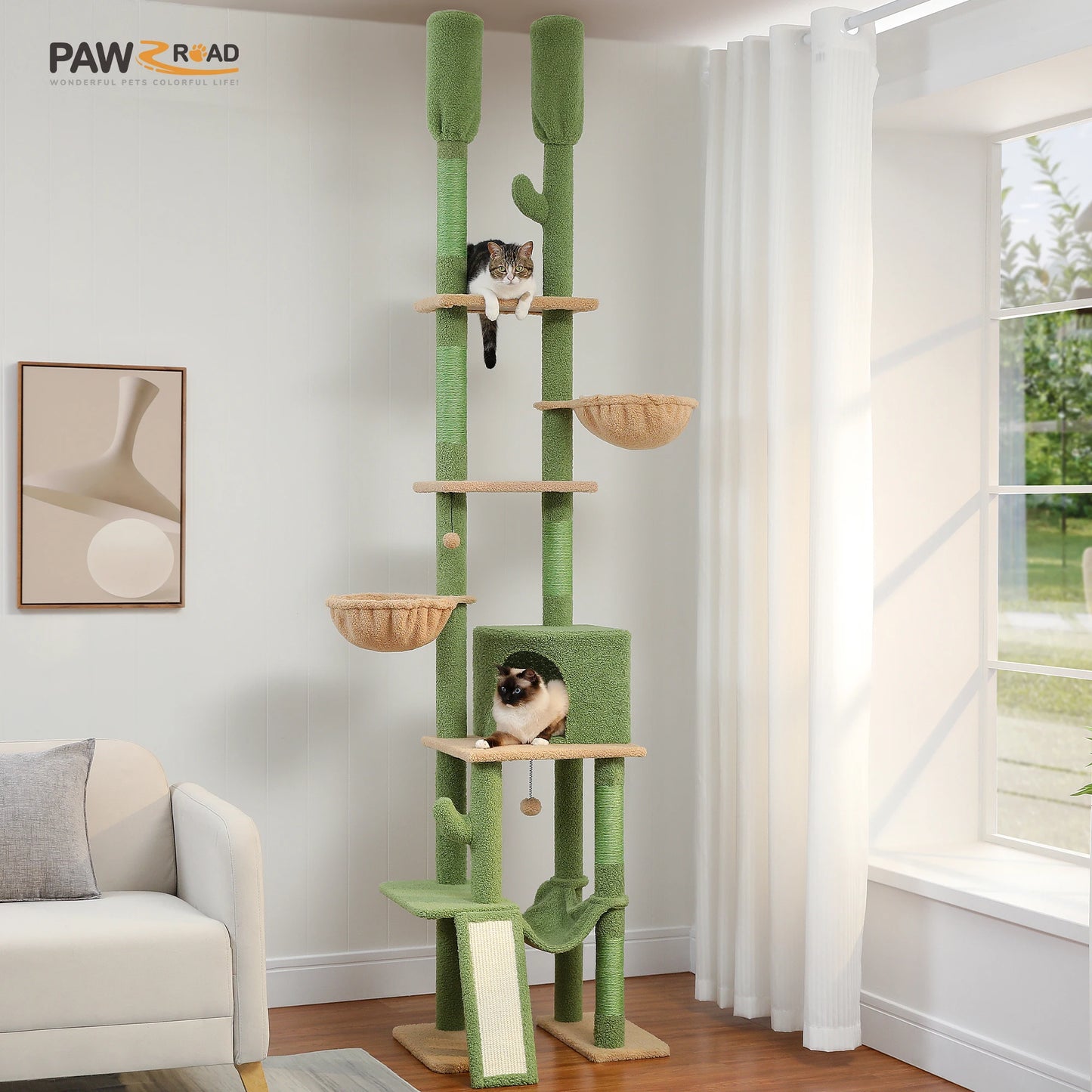 PAWZ Road Cactus Cat Tree Floor To Ceiling Cat Tower With Hammocks