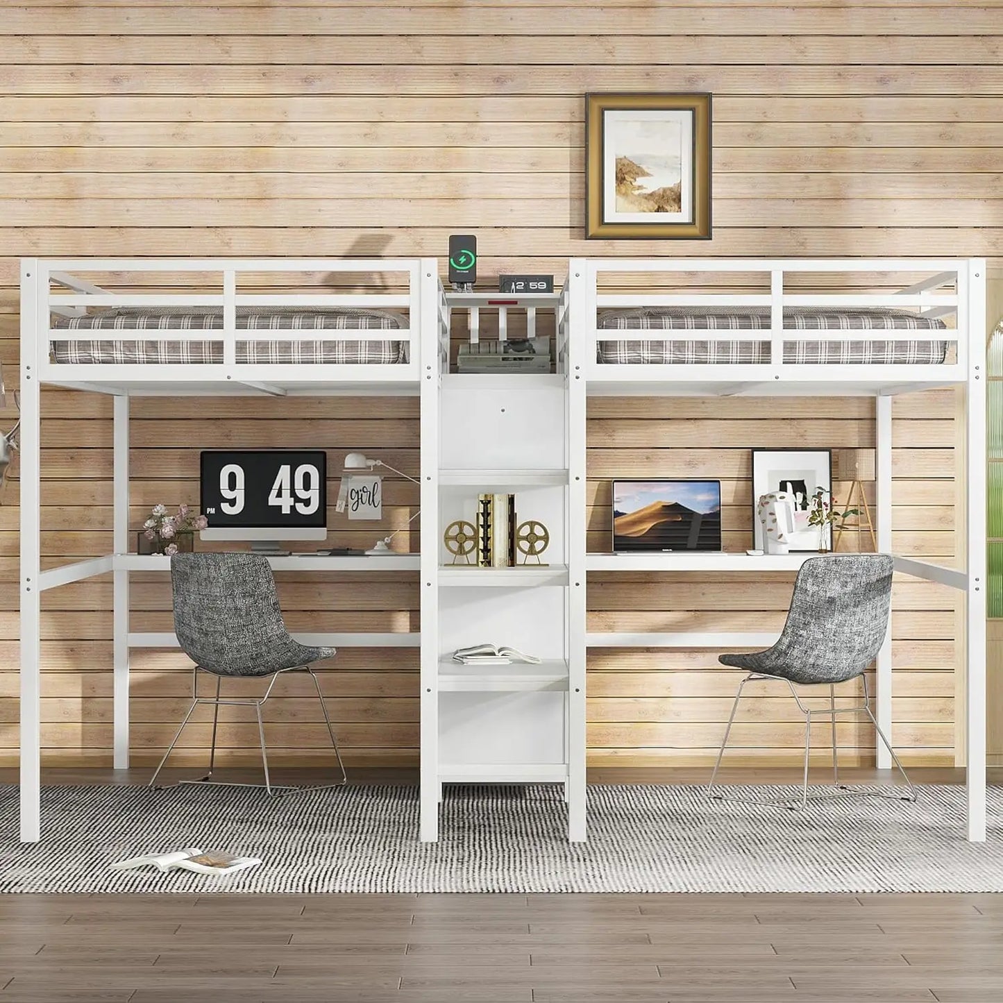 Double Loft Bed With Desk, Storage, Charging Station, Metal Frame