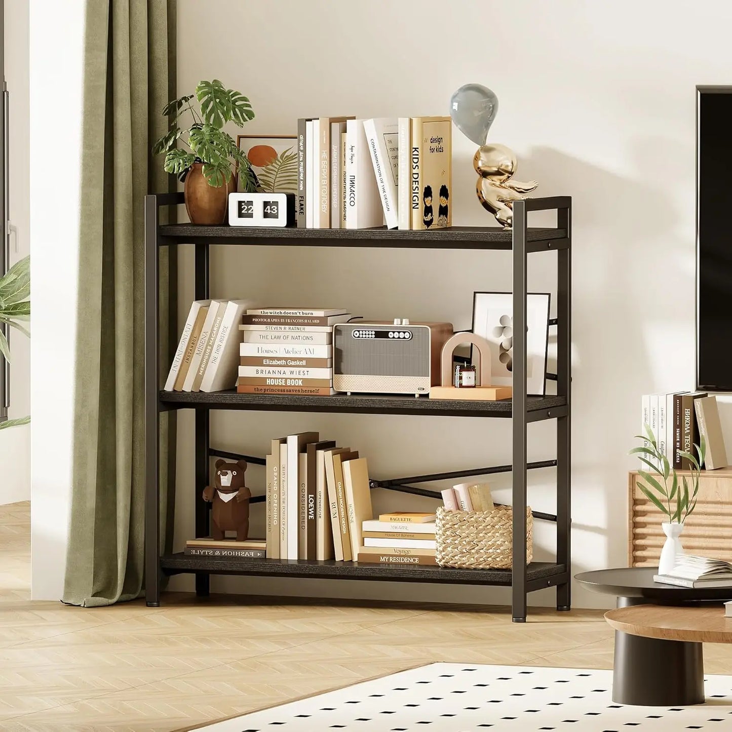 3 Tier Wooden Metal Industrial Bookcase For Living Room Office