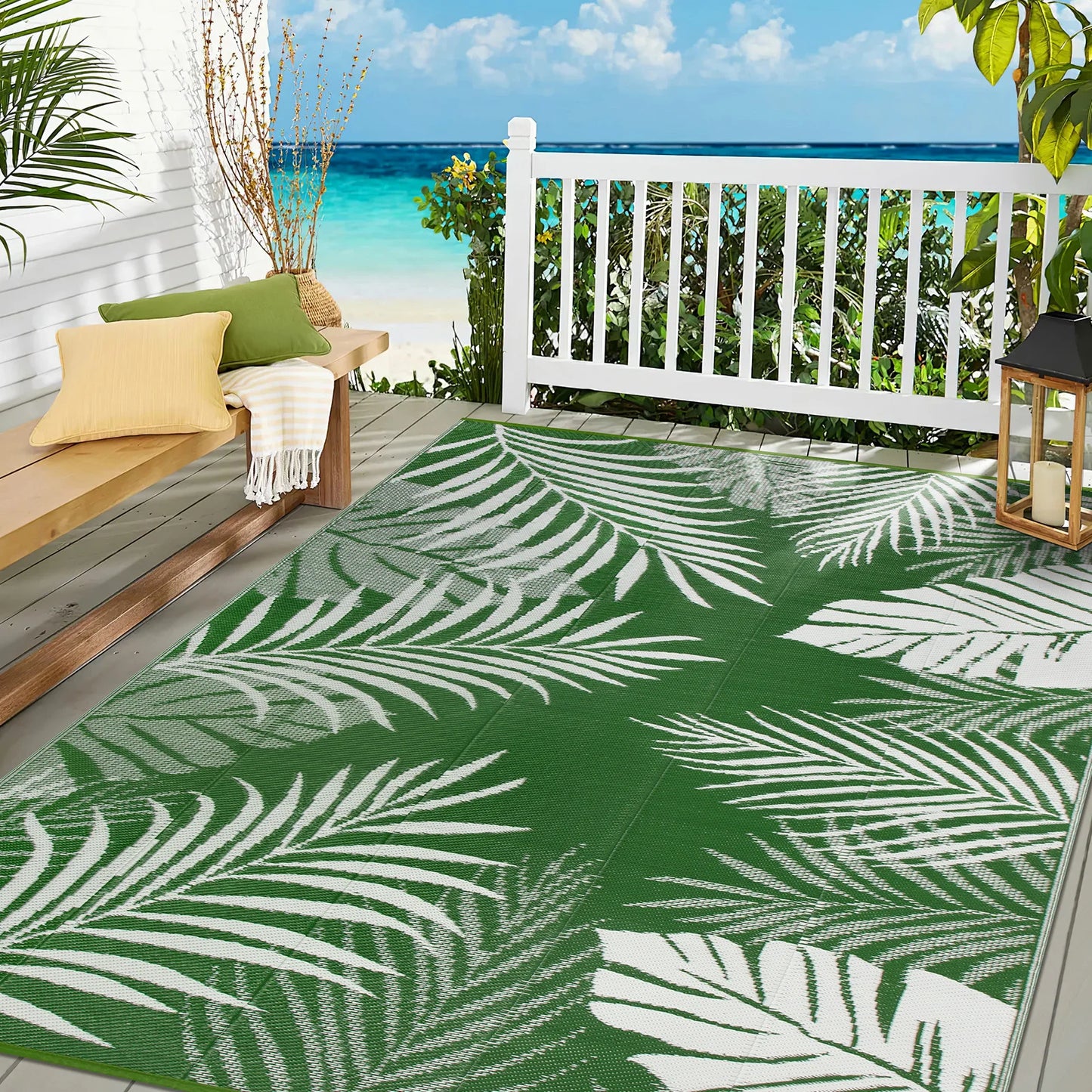 Outdoor Rug Waterproof Recycled Plastic Straw Pattern for Patio and Deck