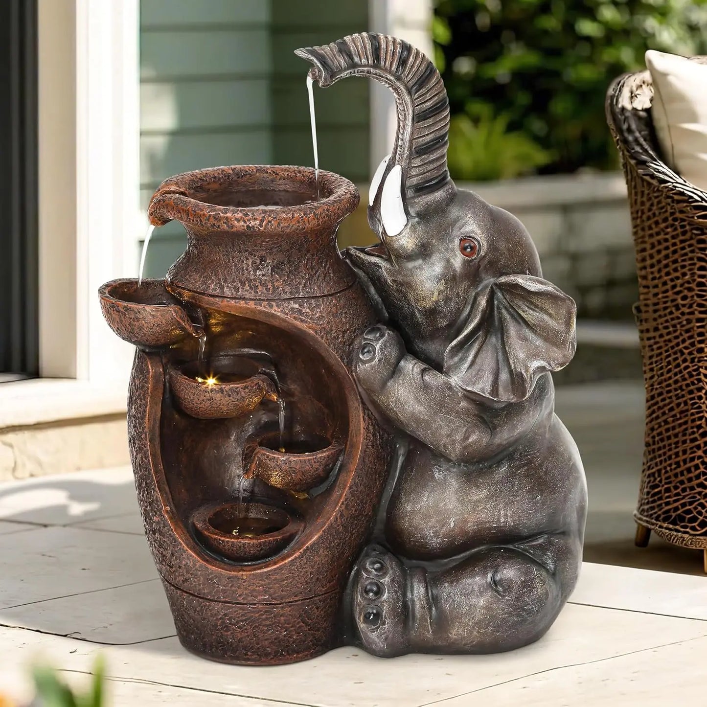 Resin Elephant Outdoor Water Fountain With LED Lights And Pump