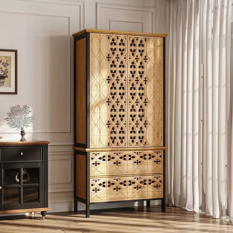 Carved Display Storage Cabinet With 2 Drawers And 6 Shelves