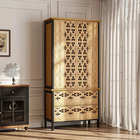 Carved Display Storage Cabinet With 2 Drawers And 6 Shelves