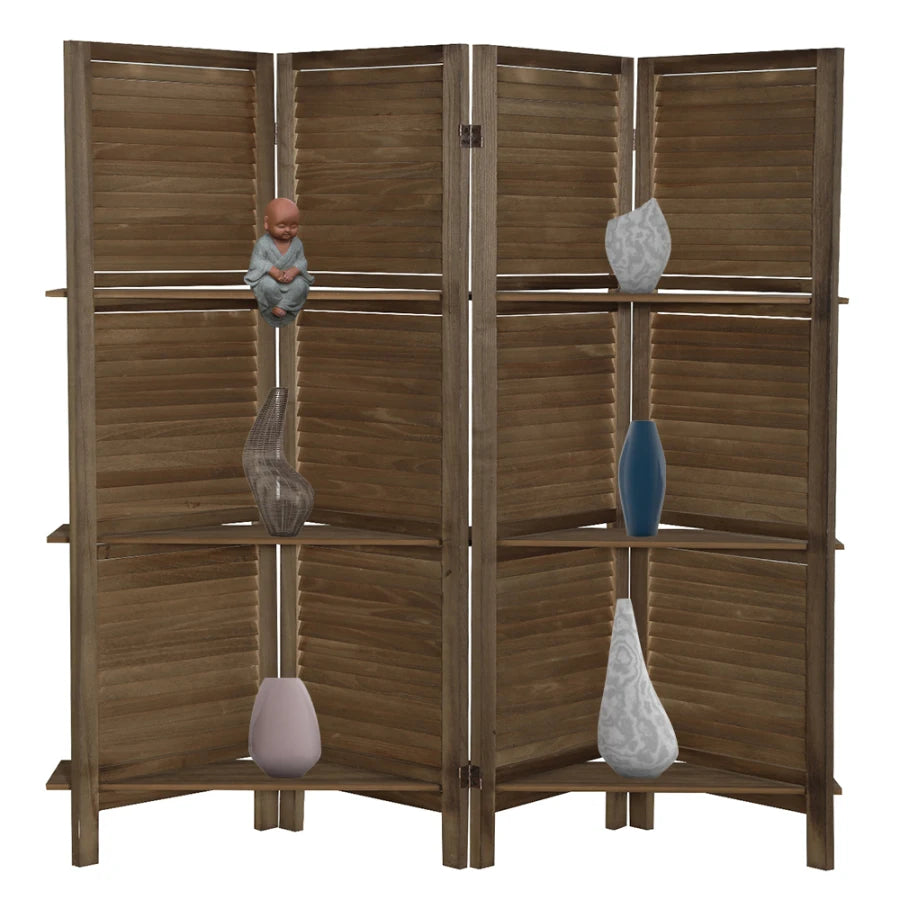Wooden Folding Room Divider Screen With Display Shelves