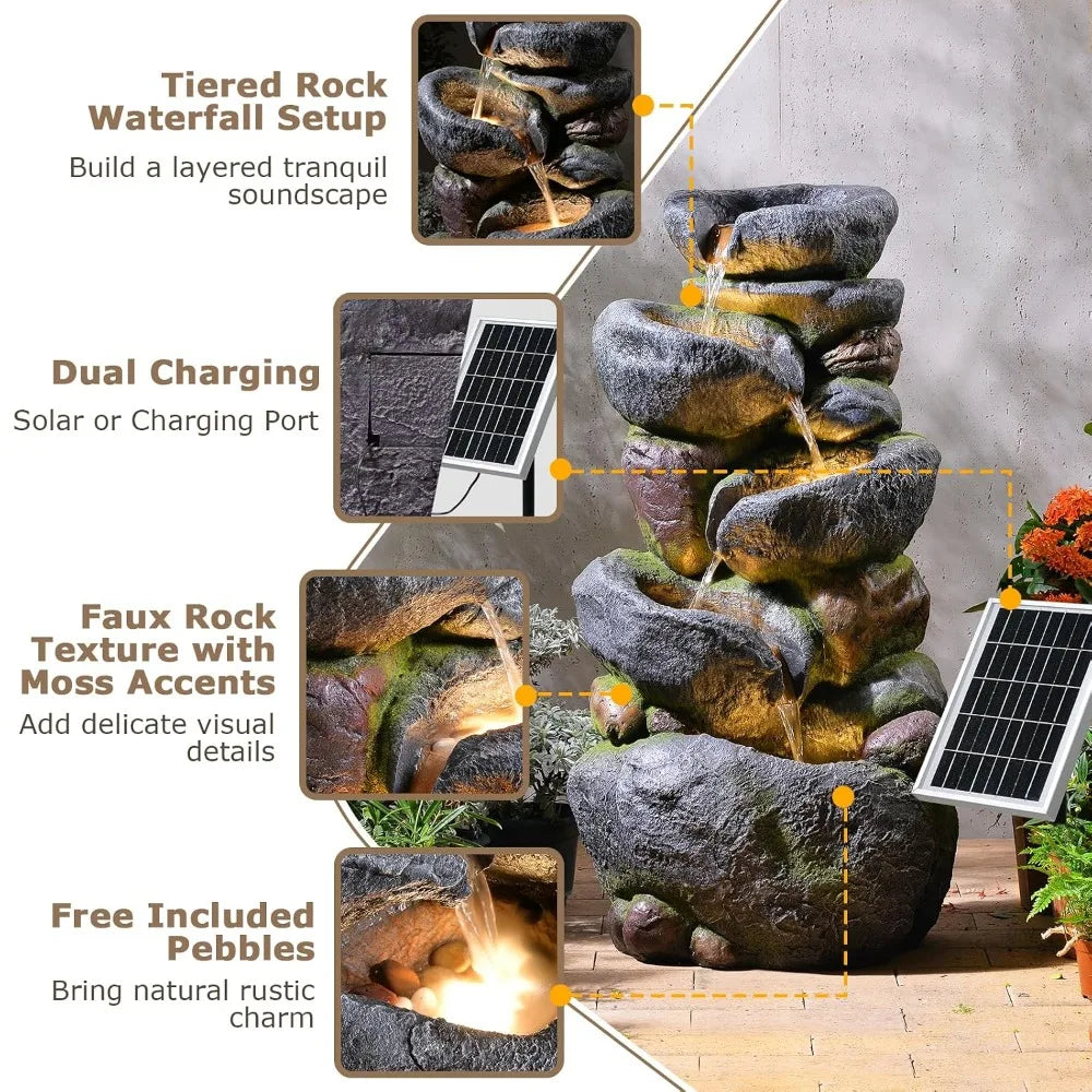 5-Tier Rock Solar Water Fountain For Outdoor Garden Decoration