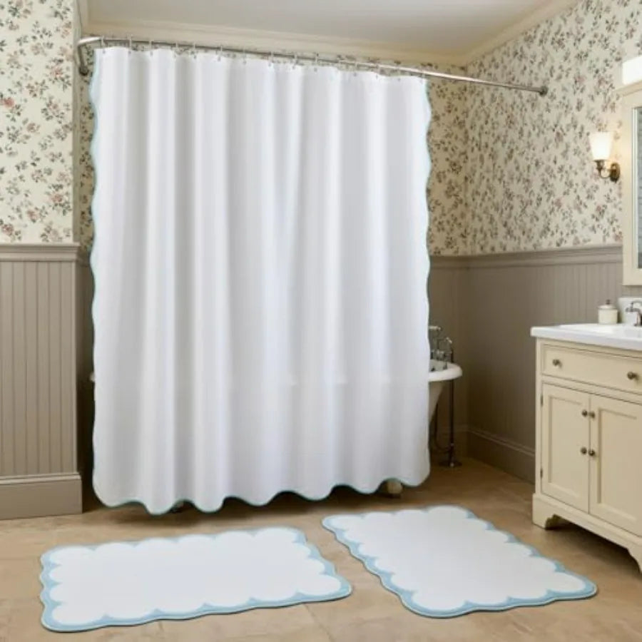 White Blue Scalloped Bathroom Waterproof Shower Curtain Set With Mat