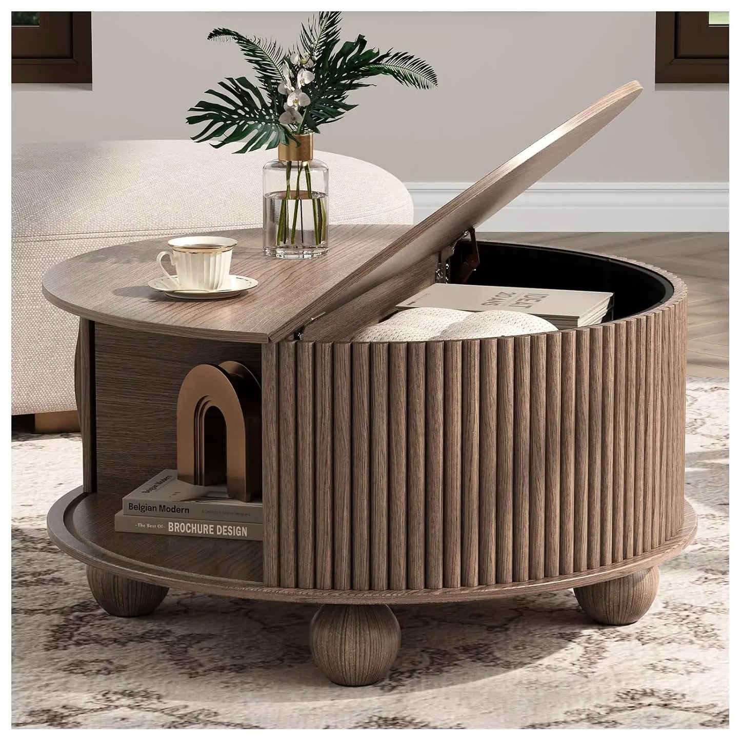 Round Coffee Table With Hidden Storage In Walnut Wood Drum