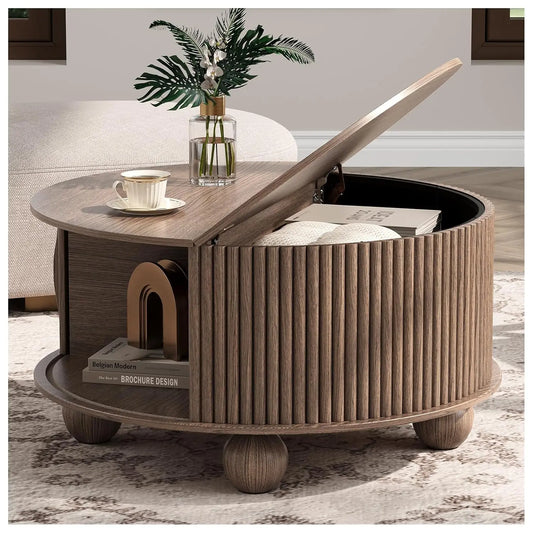 Round Coffee Table With Hidden Storage In Walnut Wood Drum
