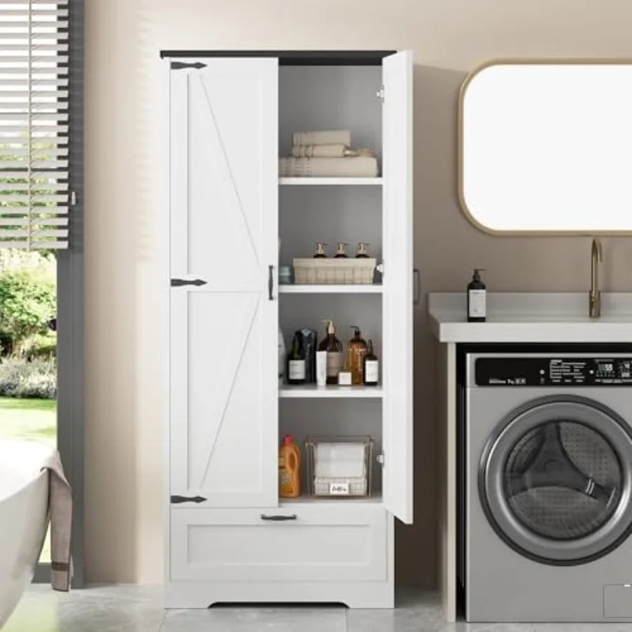 Freestanding Farmhouse Kitchen Pantry Cabinet With Four Shelves And One Drawer
