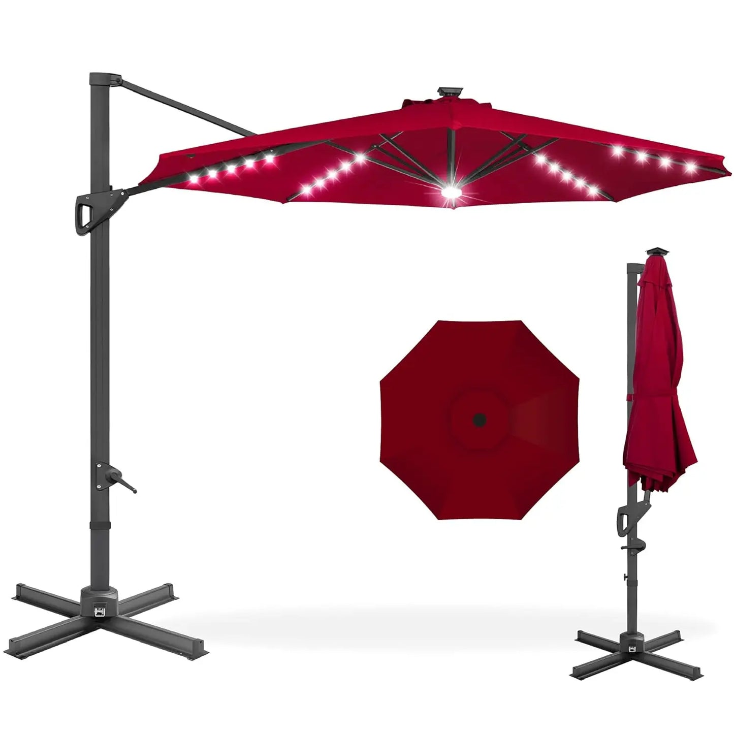 Cantilever Solar LED Patio Umbrella 360-Degree Rotation