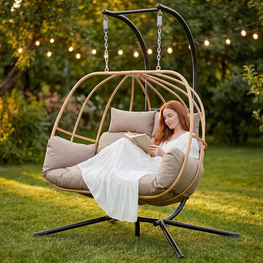Double Egg Hanging Swing Chair With Stand And Cushions