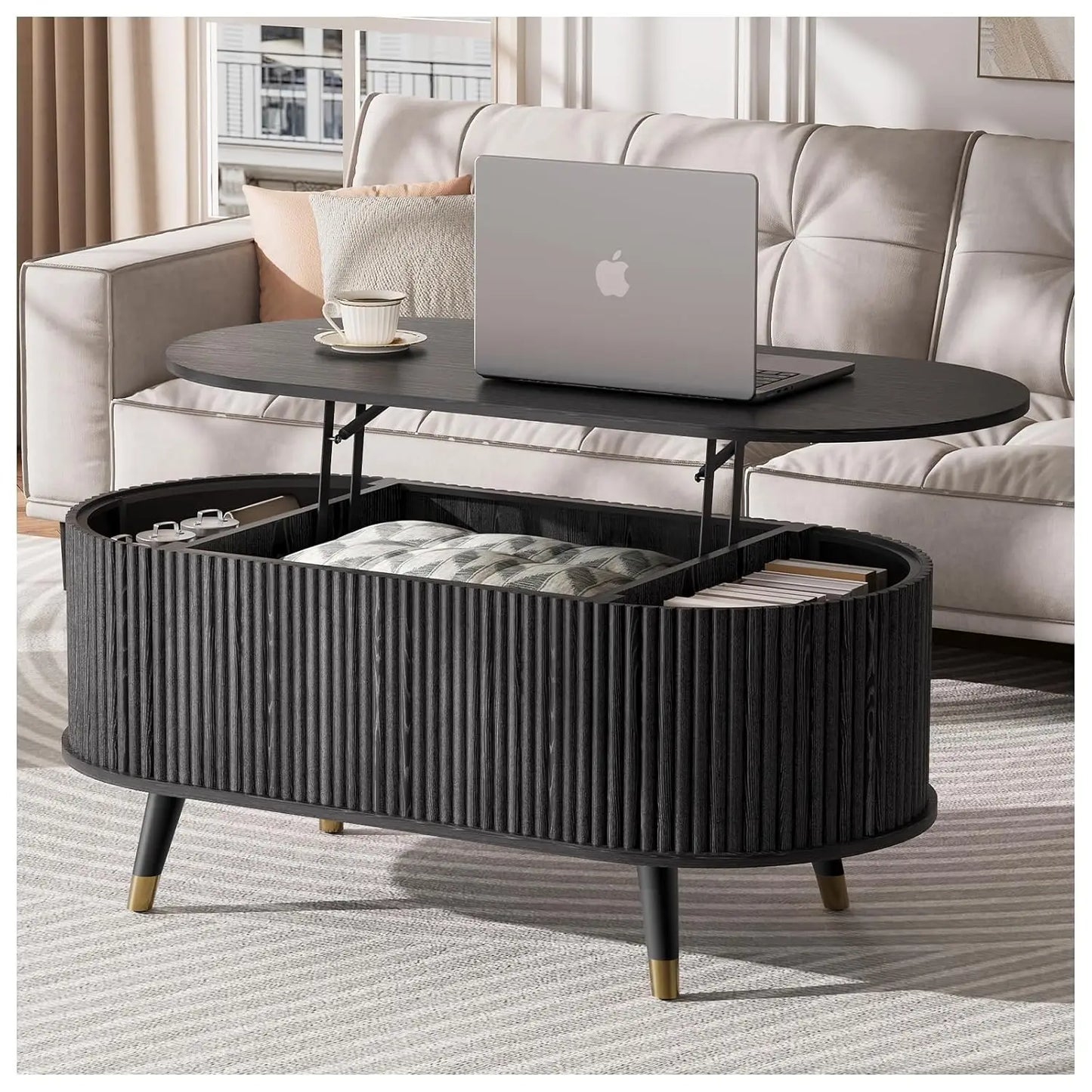 Round Coffee Table With Hidden Storage In Walnut Wood Drum