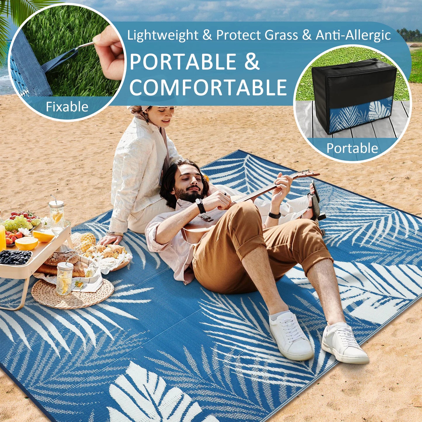Outdoor Rug Waterproof Recycled Plastic Straw Pattern for Patio and Deck