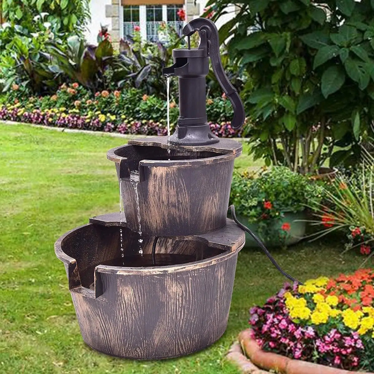 Rustic 2-Tier Outdoor Fountain With Hand Pump For Garden Decor