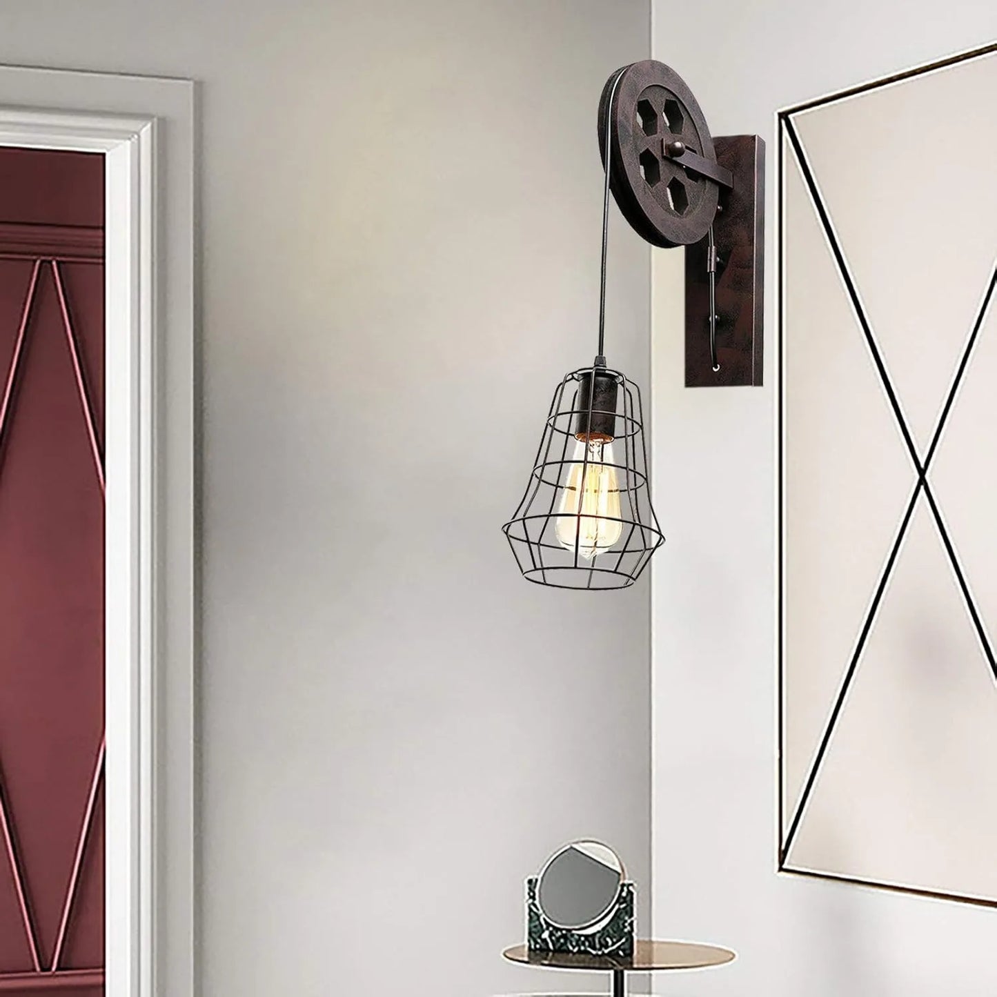 Bymaocar Industrial Wall Sconce Lift Pulley Iron Cage Lamp