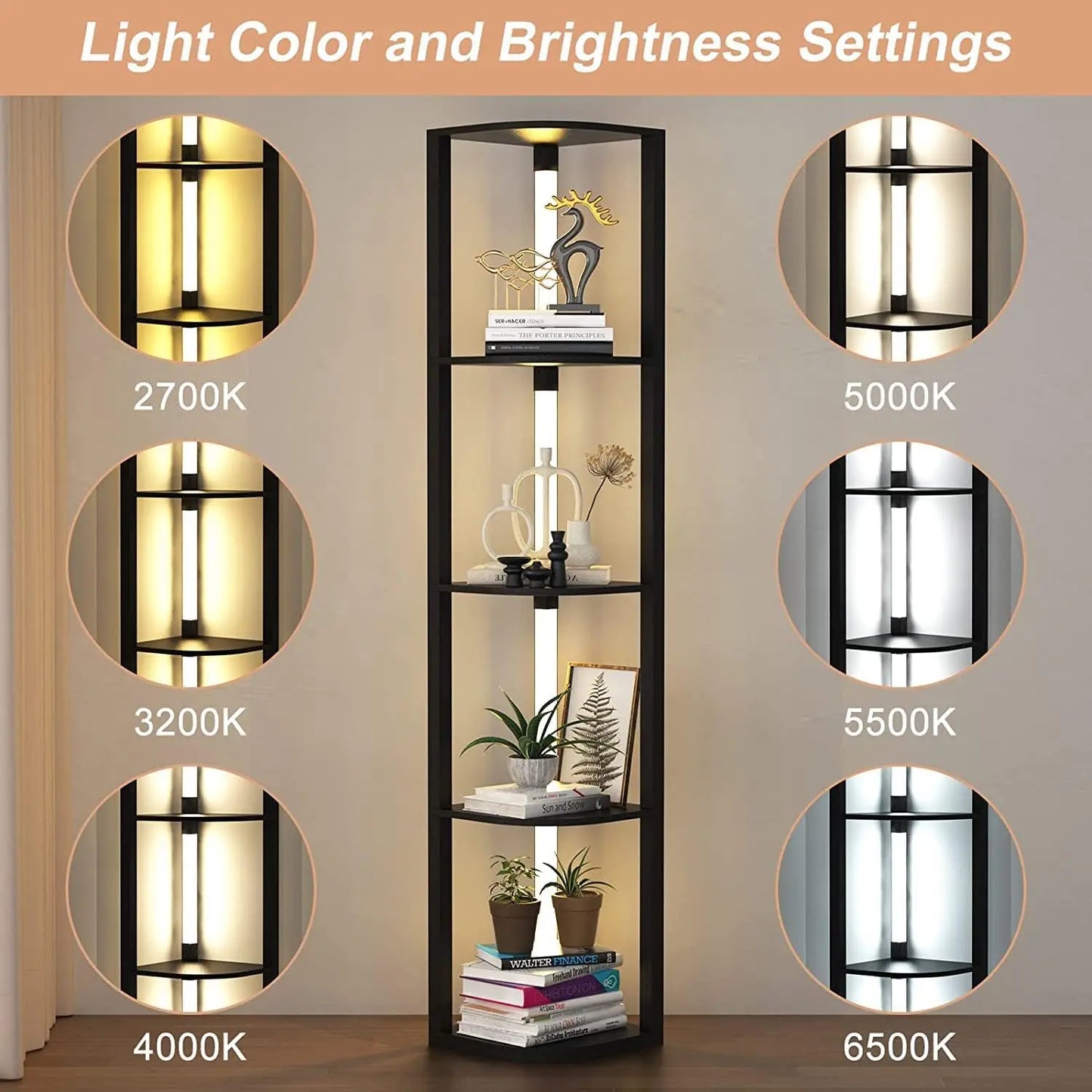 Modern Corner Shelf With LED Lights 5-Tier Storage Display