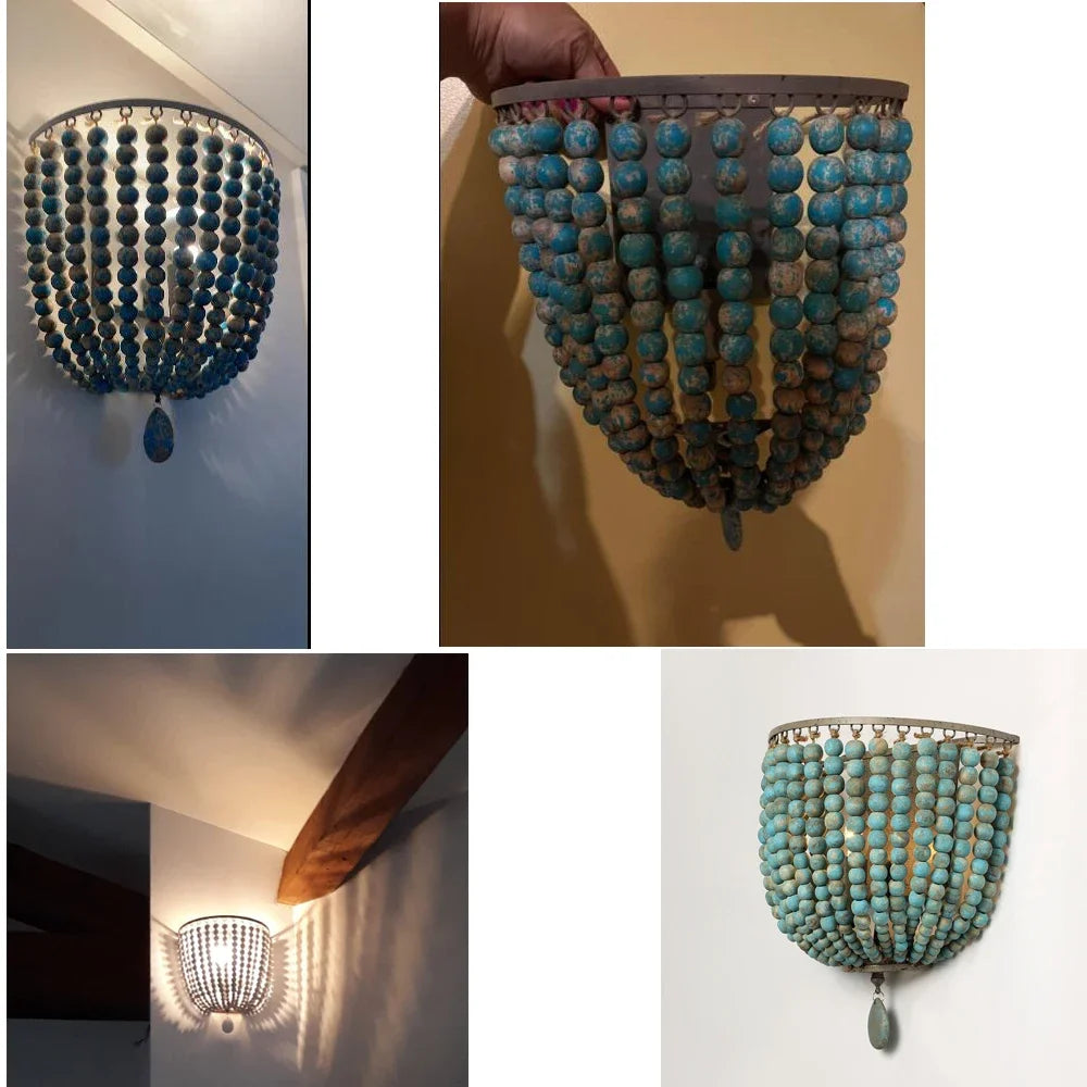Industrial Retro Wood Bead Wall Lamp E14 Loft Bedroom Cafe
