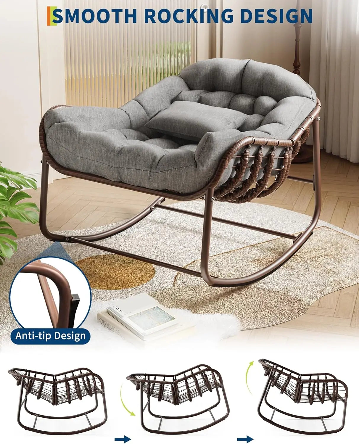 HiMISS Rattan Rocking Chair With Thick Cushion Outdoor Furniture