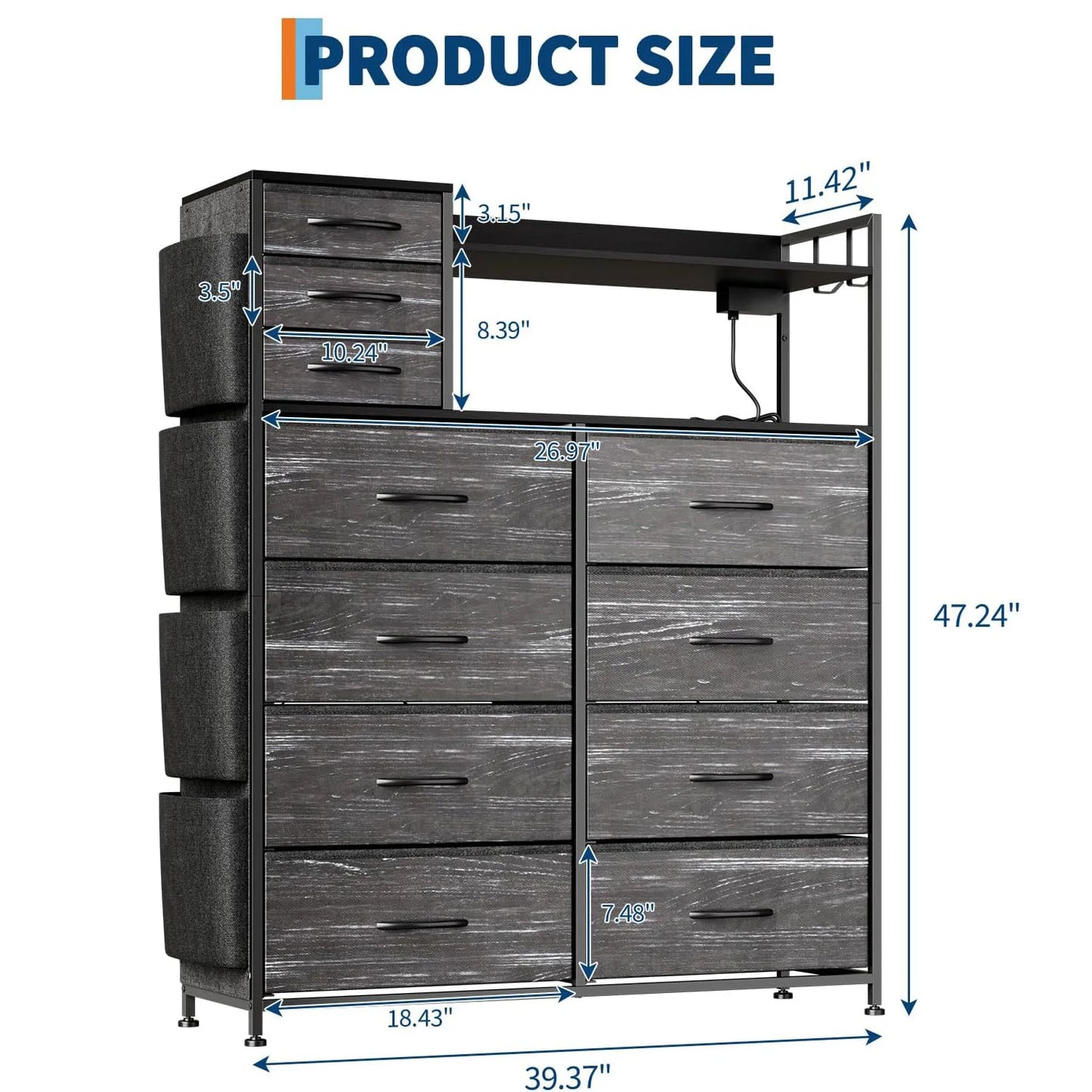 Storage Dresser With Fabric Drawers, Charging Station, LED Lights