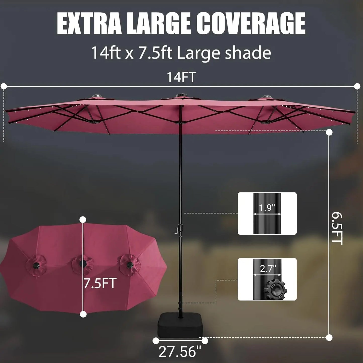 Patio Umbrella With Base And Solar LED Lights Double Sided