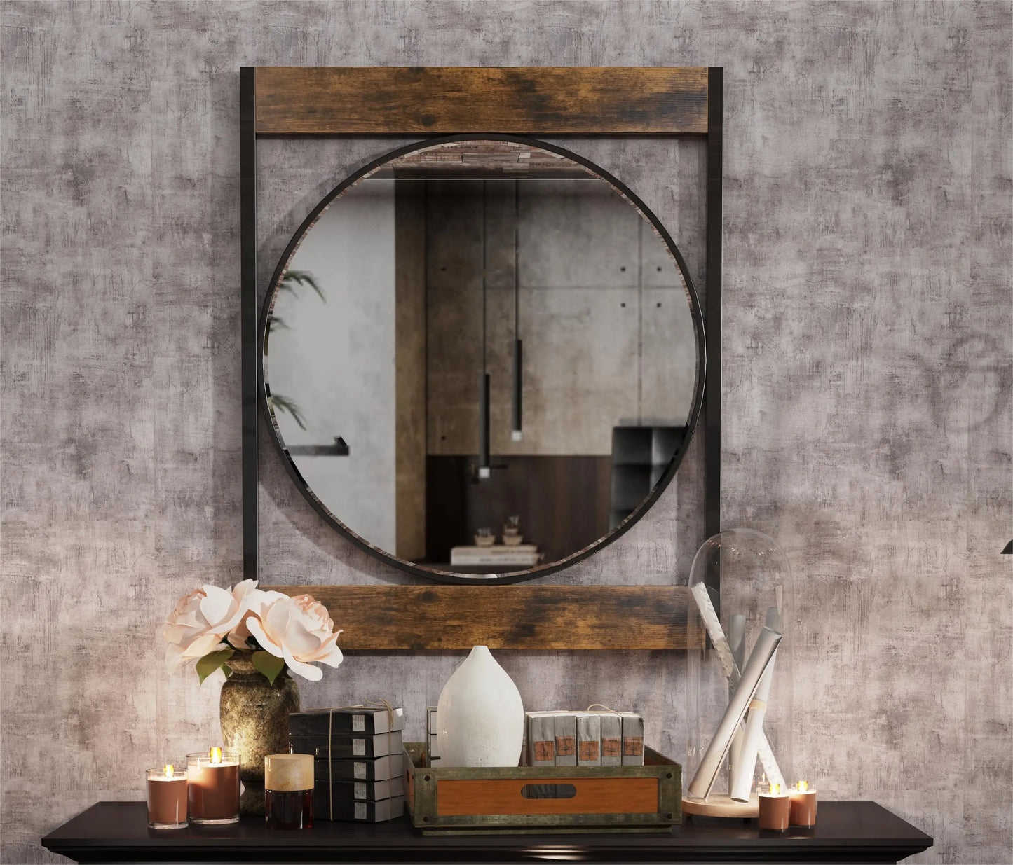 Industrial Metal Wood Frame Wall Mirror for Bathroom