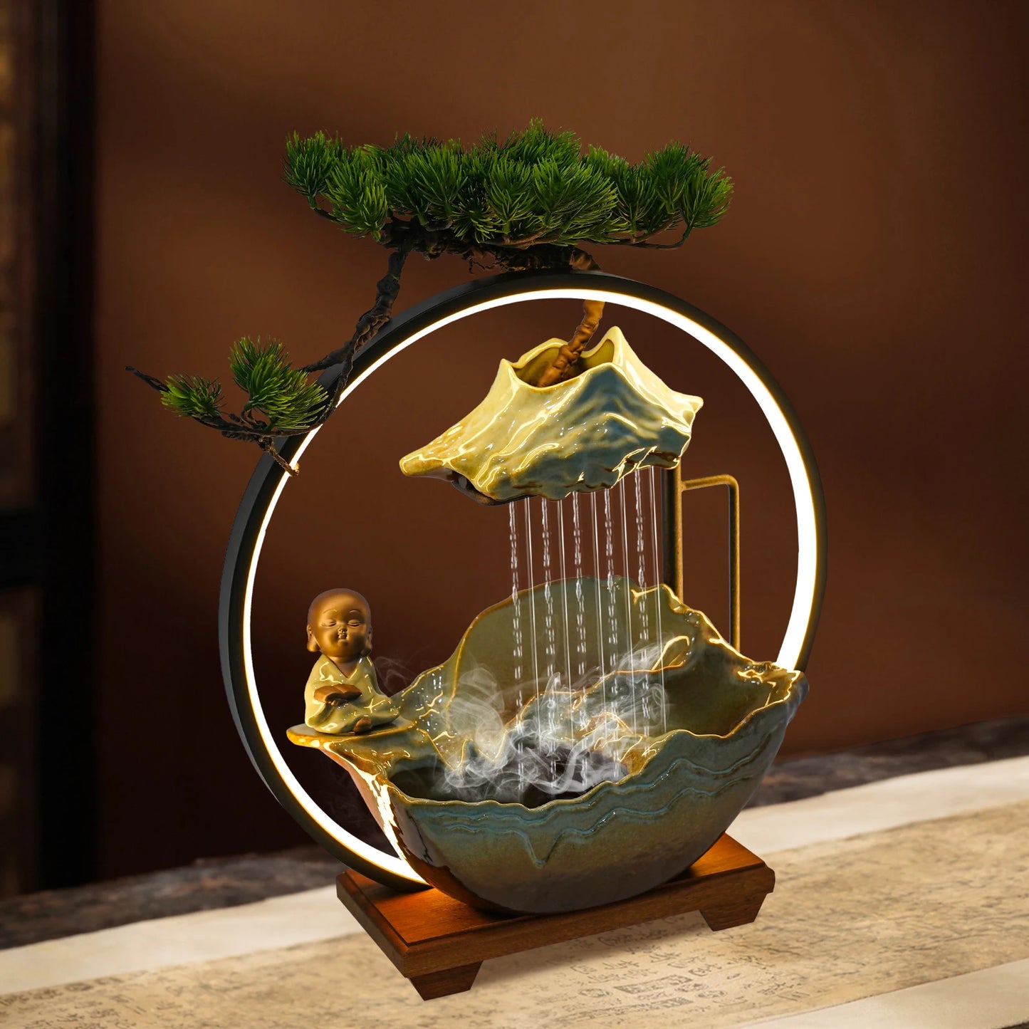 Desktop Water Fountain Decor Chinese Ancient Style Ceramic Monk