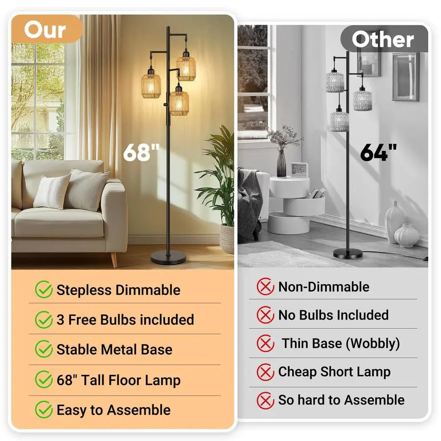 Dimmable Boho Floor Lamp Three Light Farmhouse Rattan