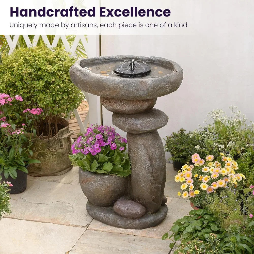Solar Bird Bath Fountain With Planter And LED Outdoor Waterfall