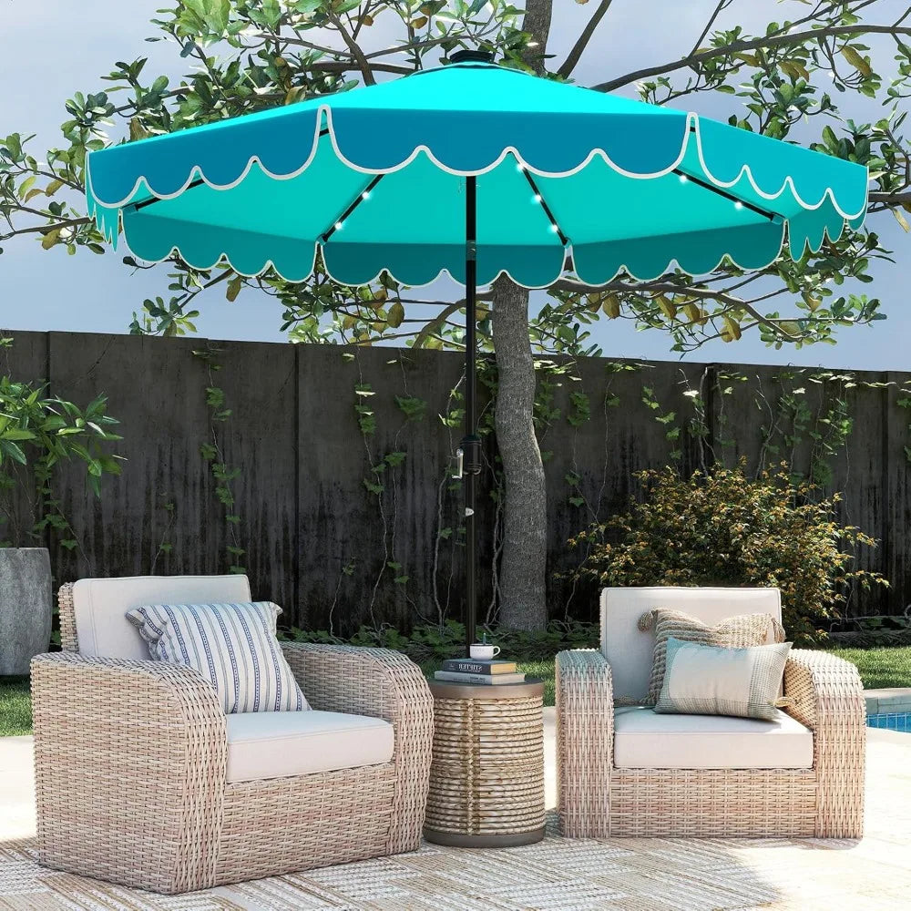 Solar LED Patio Umbrella With 24 Lights Two Tier Scalloped Vented