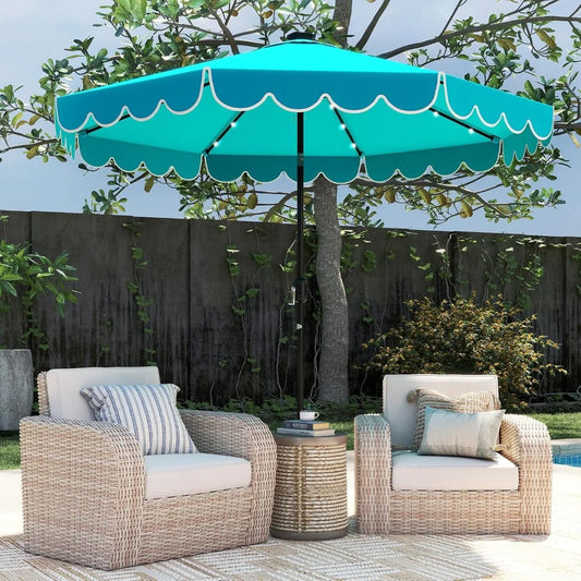 Solar LED Patio Umbrella With 24 Lights Two Tier Scalloped Vented