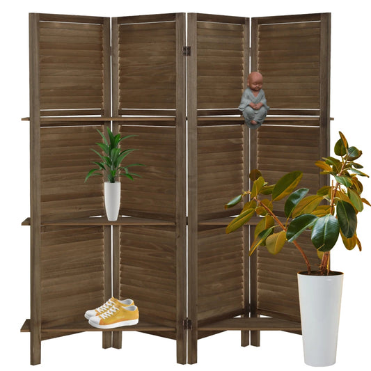 Wooden Folding Room Divider Screen With Display Shelves