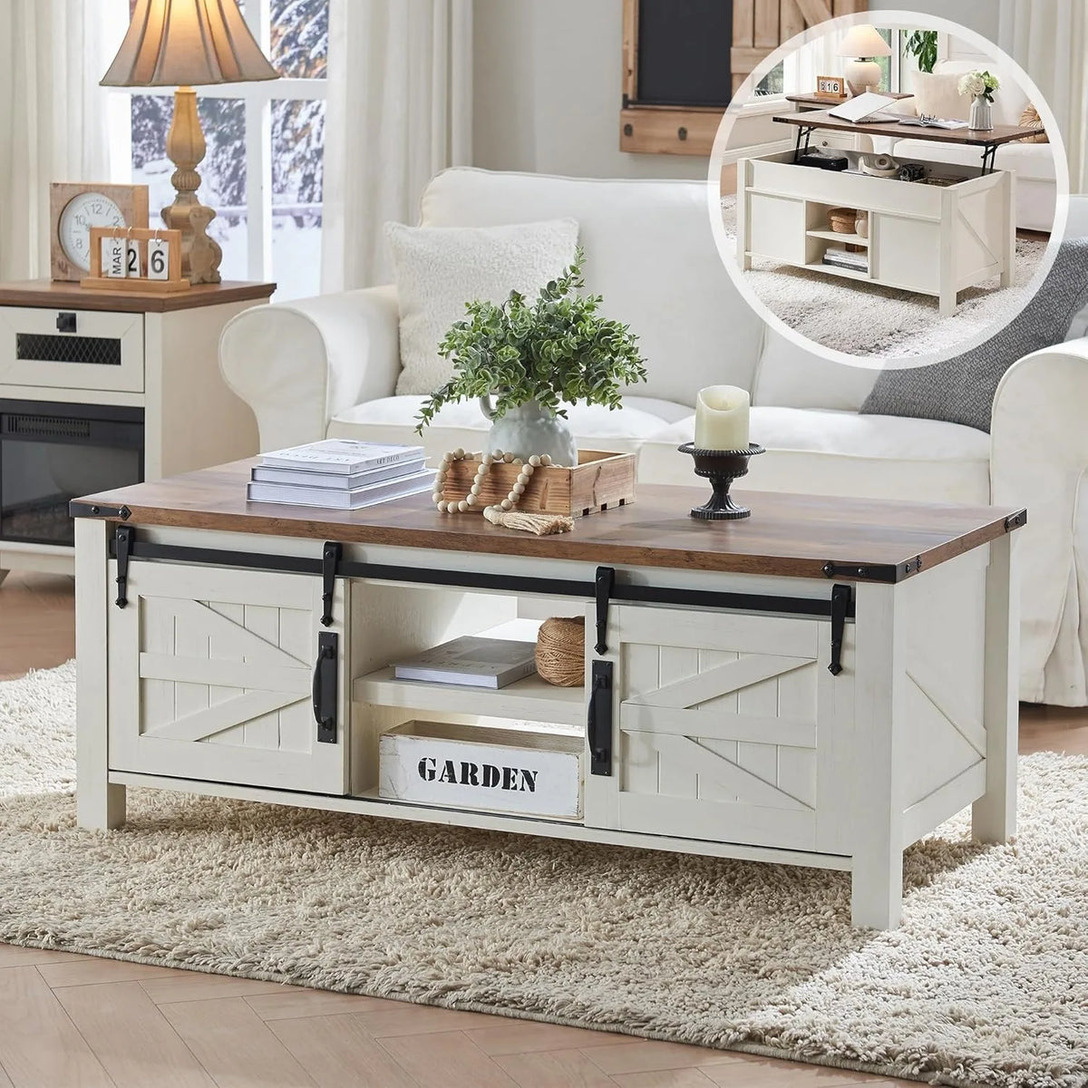 XIUWO Farmhouse Lift Top Coffee Table With Hidden Storage