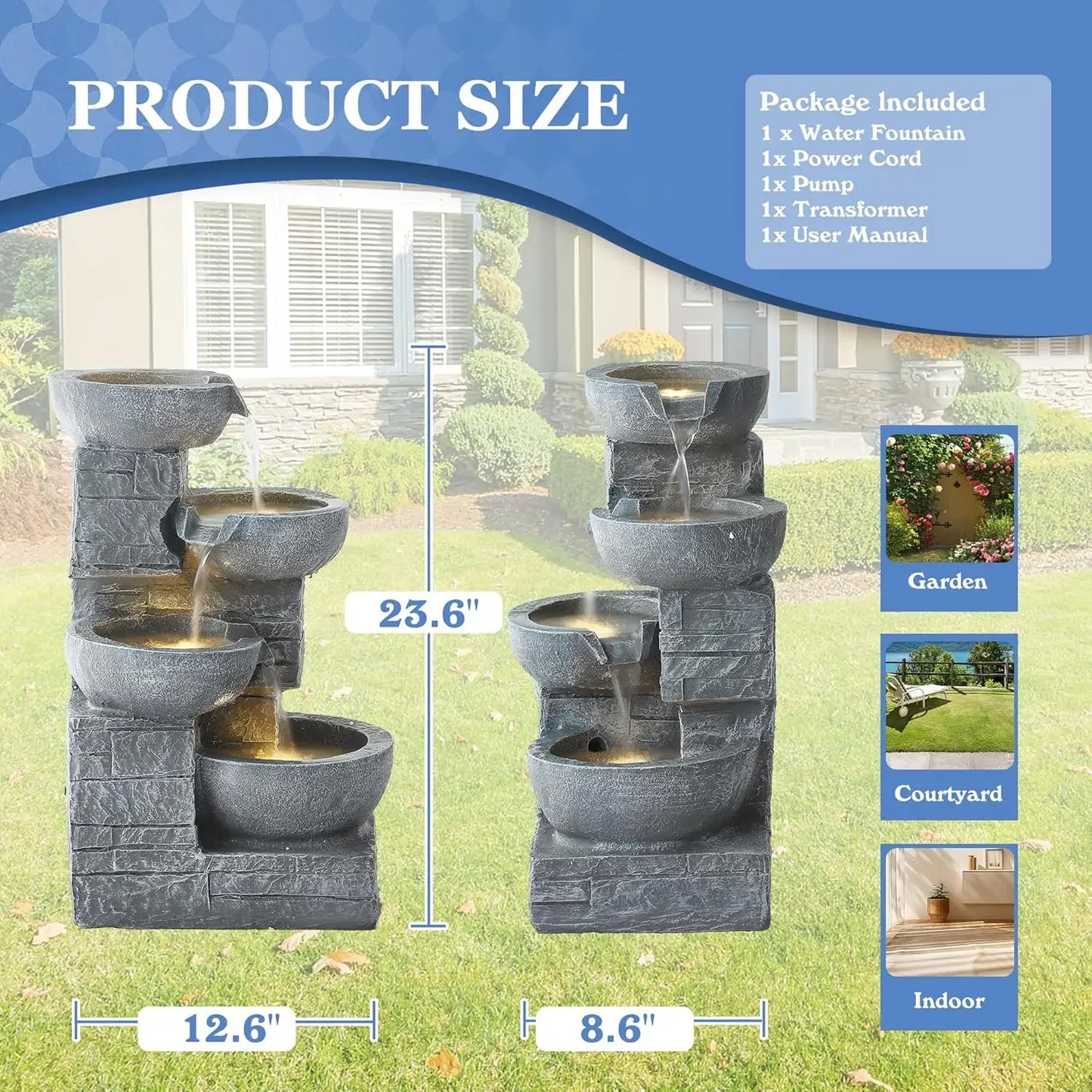 Outdoor Cascading Bowls 4-Tier Water Fountain With LED Lights